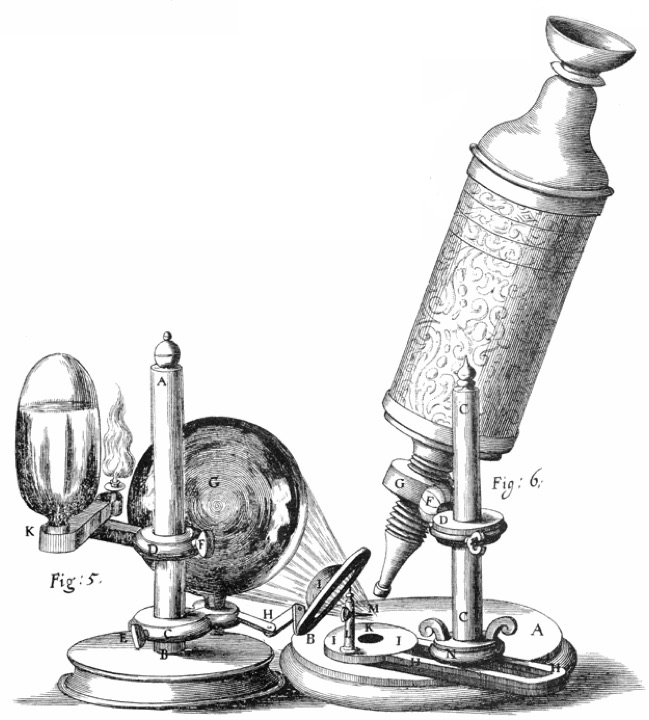 Gravure du microscope de Robert Hooke avec sa lampe à huile et sa boule d'eau qui concentre la lumière